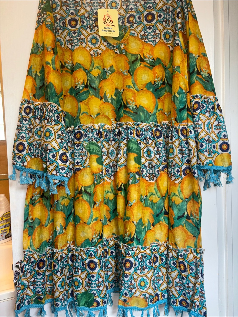 INDIAN EMPORIUM CITRUS PRINT TASSEL HEM DRESS COTTON YELLOW/GREEN/BLUE ONE SIZE